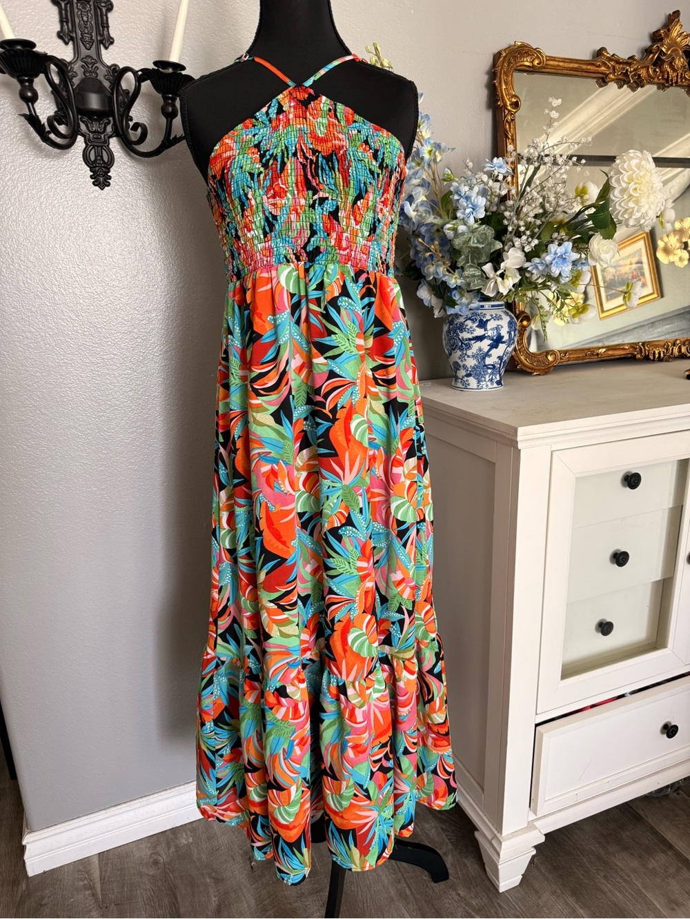 Pink Lily Tropical Floral Smocked Maxi Dress - Multicolor